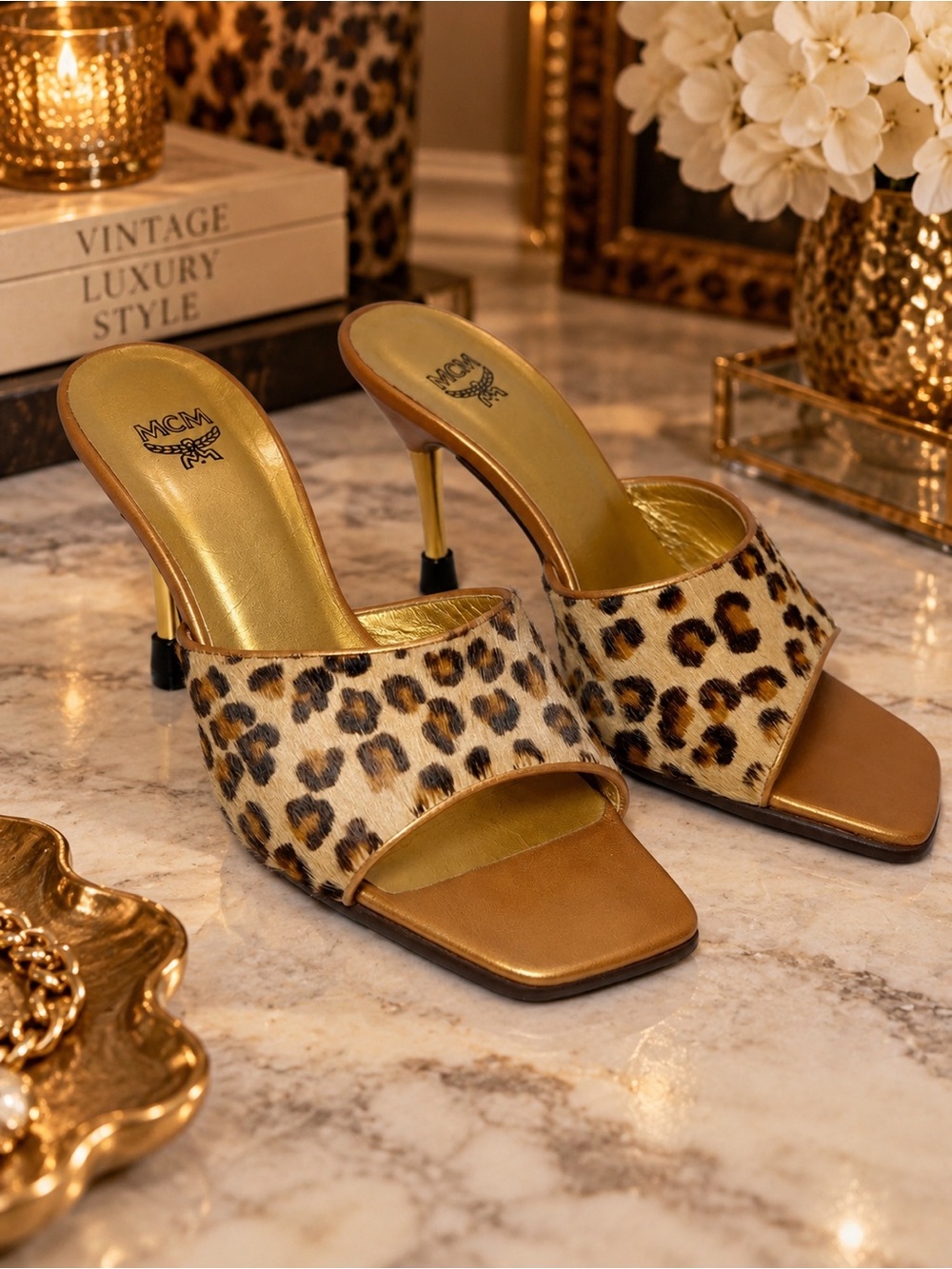 Vintage MCM Leopard Calf Hair Gold Mule Heels – EU 36